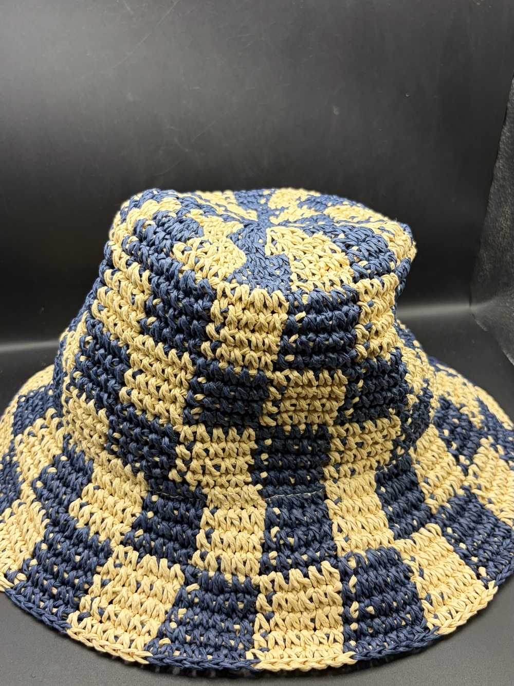 Blue & Natural Checkered Straw Bucket Hat Handwoven Summer Beach Sun Hat